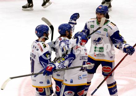 EBEL. Eishockey Bundesliga. VSV gegen Dornbirn Bulldogs. Torjubel Alexander Rauchenwald, Nico Brunner, Benjamin Lanzinger, Maximilian Rebernig  (VSV). Villach, am 5.2.2022.
Foto: Kuess
www.qspictures.net
---
pressefotos, pressefotografie, kuess, qs, qspictures, sport, bild, bilder, bilddatenbank