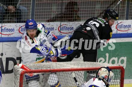 EBEL. Eishockey Bundesliga. VSV gegen Dornbirn Bulldogs.  Brett Flemming,  (VSV), Simeon Schwinger  (Dornbirn). Villach, am 5.2.2022.
Foto: Kuess
www.qspictures.net
---
pressefotos, pressefotografie, kuess, qs, qspictures, sport, bild, bilder, bilddatenbank