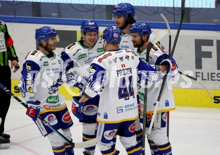 EBEL. Eishockey Bundesliga. VSV gegen Dornbirn Bulldogs.   Torjubel Alexander Rauchenwald, Benjamin Lanzinger, Maximilian Rebernig, Nico Brunner, Jamie Fraser (VSV). Villach, am 5.2.2022.
Foto: Kuess
www.qspictures.net
---
pressefotos, pressefotografie, kuess, qs, qspictures, sport, bild, bilder, bilddatenbank