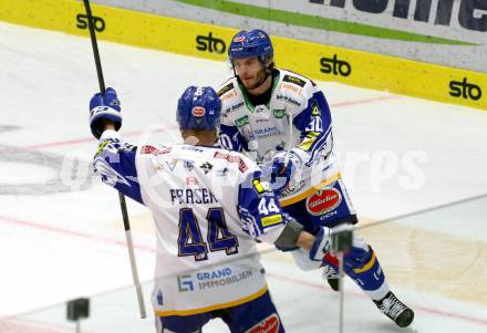 EBEL. Eishockey Bundesliga. VSV gegen Dornbirn Bulldogs.  Torjubel Alexander Rauchenwald, Jamie Fraser (VSV). Villach, am 5.2.2022.
Foto: Kuess
www.qspictures.net
---
pressefotos, pressefotografie, kuess, qs, qspictures, sport, bild, bilder, bilddatenbank