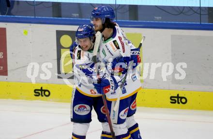 EBEL. Eishockey Bundesliga. VSV gegen Dornbirn Bulldogs. Torjubel Benjamin Lanzinger, Maximilian Rebernig  (VSV). Villach, am 5.2.2022.
Foto: Kuess
www.qspictures.net
---
pressefotos, pressefotografie, kuess, qs, qspictures, sport, bild, bilder, bilddatenbank