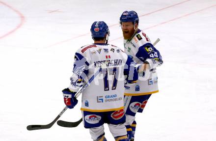 EBEL. Eishockey Bundesliga. VSV gegen Hydro Fehervar AV 19.  Torjubel Scott Kosmachuk, Jamie Fraser (VSV). Villach, am 6.2.2022.
Foto: Kuess
www.qspictures.net
---
pressefotos, pressefotografie, kuess, qs, qspictures, sport, bild, bilder, bilddatenbank