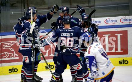 EBEL. Eishockey Bundesliga. VSV gegen Hydro Fehervar AV 19.  Torjubel Andrew Sarauer  (Fehervar). Villach, am 6.2.2022.
Foto: Kuess
www.qspictures.net
---
pressefotos, pressefotografie, kuess, qs, qspictures, sport, bild, bilder, bilddatenbank