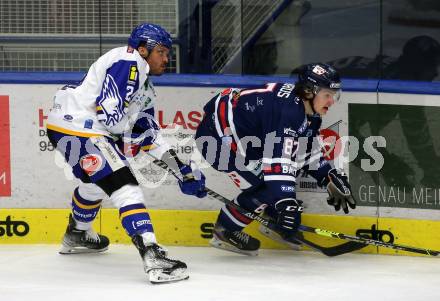 EBEL. Eishockey Bundesliga. VSV gegen Hydro Fehervar AV 19.  Derek Joslin,  (VSV),  Gergoe Ambrus (Fehervar). Villach, am 6.2.2022.
Foto: Kuess
www.qspictures.net
---
pressefotos, pressefotografie, kuess, qs, qspictures, sport, bild, bilder, bilddatenbank