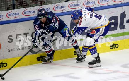 EBEL. Eishockey Bundesliga. VSV gegen Hydro Fehervar AV 19.  Jamie Fraser,  (VSV), Anze Kuralt  (Fehervar). Villach, am 6.2.2022.
Foto: Kuess
www.qspictures.net
---
pressefotos, pressefotografie, kuess, qs, qspictures, sport, bild, bilder, bilddatenbank