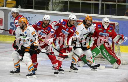 EBEL. Eishockey Bundesliga. KAC gegen	Steinbach Black Wings Linz. Daniel Obersteiner, Kele Steffler, Val Usnik,  (KAC),  Andreas Kristler, Kai Kantola (Linz). Klagenfurt, am 8.2.2022.
Foto: Kuess
www.qspictures.net

---
pressefotos, pressefotografie, kuess, qs, qspictures, sport, bild, bilder, bilddatenbank