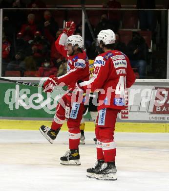 EBEL. Eishockey Bundesliga. KAC gegen	HC Pustertal Woelfe. Torjubel Fabian Hochegger, Samuel Witting (KAC). Klagenfurt, am 13.2.2022.
Foto: Kuess
www.qspictures.net

---
pressefotos, pressefotografie, kuess, qs, qspictures, sport, bild, bilder, bilddatenbank