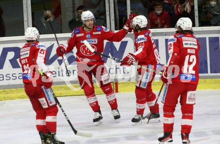 EBEL. Eishockey Bundesliga. KAC gegen	HC Pustertal Woelfe. Torjubel Matthew Fraser, Manuel Geier, Daniel Obersteiner, David Maier (KAC). Klagenfurt, am 13.2.2022.
Foto: Kuess
www.qspictures.net

---
pressefotos, pressefotografie, kuess, qs, qspictures, sport, bild, bilder, bilddatenbank