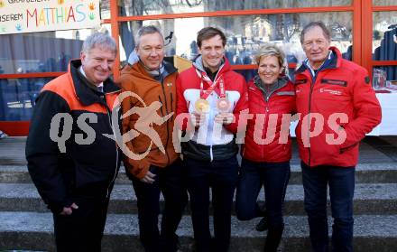 Schi Ski Alpin. Empfang Matthias Mayer.  Buergermeister  Maximilian Linder, Fritz Strobl, Matthias Mayer, Claudia Strobl-Traninger, Franz Klammer.   Afritz, 12.2.2022.
Foto: Kuess
www.qspictures.net

---
pressefotos, pressefotografie, kuess, qs, qspictures, sport, bild, bilder, bilddatenbank