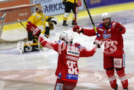 EBEL. Eishockey Bundesliga. KAC gegen	HC Pustertal Woelfe. Torjubel Clemens Unterweger, Rok Ticar (KAC). Klagenfurt, am 13.2.2022.
Foto: Kuess
www.qspictures.net

---
pressefotos, pressefotografie, kuess, qs, qspictures, sport, bild, bilder, bilddatenbank