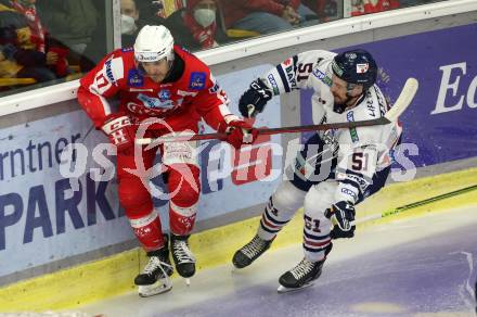 EBEL. Eishockey Bundesliga. KAC gegen	Hydro Fehervar AV 19. Manuel Ganahl, (KAC), Timothy Campbell   (Fehervar). Klagenfurt, am 18.2.2022.
Foto: Kuess
www.qspictures.net

---
pressefotos, pressefotografie, kuess, qs, qspictures, sport, bild, bilder, bilddatenbank