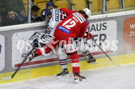 EBEL. Eishockey Bundesliga. KAC gegen	Hydro Fehervar AV 19. David Maier,  (KAC),  Joshua Atkinson (Fehervar). Klagenfurt, am 18.2.2022.
Foto: Kuess
www.qspictures.net

---
pressefotos, pressefotografie, kuess, qs, qspictures, sport, bild, bilder, bilddatenbank