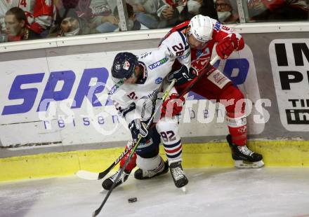 EBEL. Eishockey Bundesliga. KAC gegen	Hydro Fehervar AV 19. Paul Postma, (KAC), Anze Kuralt   (Fehervar). Klagenfurt, am 18.2.2022.
Foto: Kuess
www.qspictures.net

---
pressefotos, pressefotografie, kuess, qs, qspictures, sport, bild, bilder, bilddatenbank