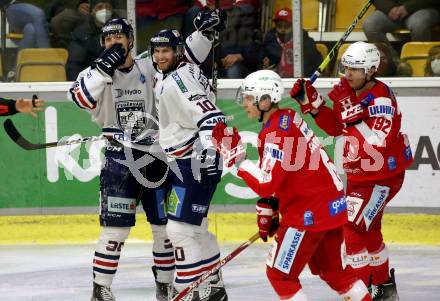 EBEL. Eishockey Bundesliga. KAC gegen	Hydro Fehervar AV 19. Torjubel Csanad Erdely, Istvan Bartalis  (Fehervar). Klagenfurt, am 18.2.2022.
Foto: Kuess
www.qspictures.net

---
pressefotos, pressefotografie, kuess, qs, qspictures, sport, bild, bilder, bilddatenbank