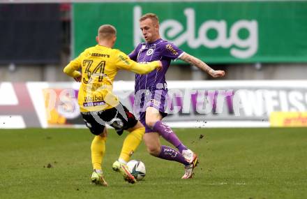 Fussball Bundesliga. SK Austria Klagenfurt gegen Cashpoint SCR Altach. Florian Jaritz (Klagenfurt), Manuel Thurnwald (Altach). Klagenfurt, am 20.2.2022.
Foto: Kuess
www.qspictures.net
---
pressefotos, pressefotografie, kuess, qs, qspictures, sport, bild, bilder, bilddatenbank