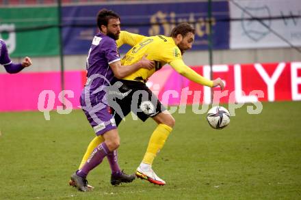 Fussball Bundesliga. SK Austria Klagenfurt gegen Cashpoint SCR Altach. Kosmas Gkezos (Klagenfurt), Atdhe Nuhiu (Altach). Klagenfurt, am 20.2.2022.
Foto: Kuess
www.qspictures.net
---
pressefotos, pressefotografie, kuess, qs, qspictures, sport, bild, bilder, bilddatenbank