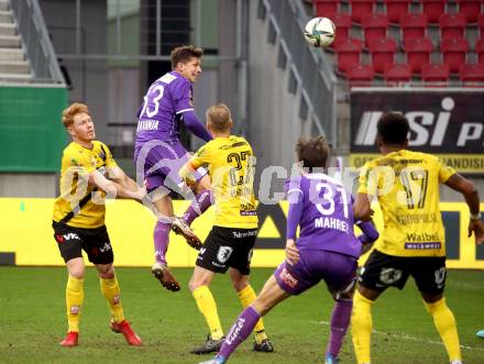 Fussball Bundesliga. SK Austria Klagenfurt gegen Cashpoint SCR Altach. Ivan Saravanja (Klagenfurt), David Bumberger, Ange Mickael Nanizayamo (Altach). Klagenfurt, am 20.2.2022.
Foto: Kuess
www.qspictures.net
---
pressefotos, pressefotografie, kuess, qs, qspictures, sport, bild, bilder, bilddatenbank