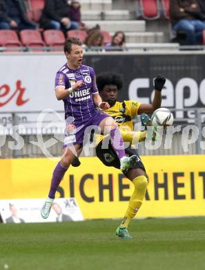 Fussball Bundesliga. SK Austria Klagenfurt gegen Cashpoint SCR Altach. Alex Timossi Andersson (Klagenfurt), Ange Mickael Nanizayamo (Altach). Klagenfurt, am 20.2.2022.
Foto: Kuess
www.qspictures.net
---
pressefotos, pressefotografie, kuess, qs, qspictures, sport, bild, bilder, bilddatenbank