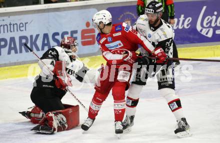 EBEL. Eishockey Bundesliga. KAC gegen	Tesla Orli Znojmo. Fraser Matthew, (KAC),  Brittain Joshua, Kantor Pavel (Znojmo). Klagenfurt, am 18.2.2022.
Foto: Kuess
www.qspictures.net

---
pressefotos, pressefotografie, kuess, qs, qspictures, sport, bild, bilder, bilddatenbank