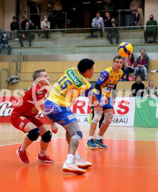 Volleyball MEVZA League 2022 - Final Four. ACH Volley Ljubljana gegen SK Zadruga Aich/Dob. Andre Luiz Ludegards Gomes Gama, Manuel Steiner, Marek Gergely  (Aich/Dob). Bleiburg, am 19.2.2022.
Foto: Kuess
www.qspictures.net
---
pressefotos, pressefotografie, kuess, qs, qspictures, sport, bild, bilder, bilddatenbank