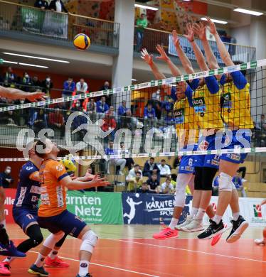 Volleyball MEVZA League 2022 - Final Four. ACH Volley Ljubljana gegen SK Zadruga Aich/Dob. Xander Ketrzynski, Nicolai Grabmueller, Jacob Kitzinger  (Aich/Dob). Bleiburg, am 19.2.2022.
Foto: Kuess
www.qspictures.net
---
pressefotos, pressefotografie, kuess, qs, qspictures, sport, bild, bilder, bilddatenbank