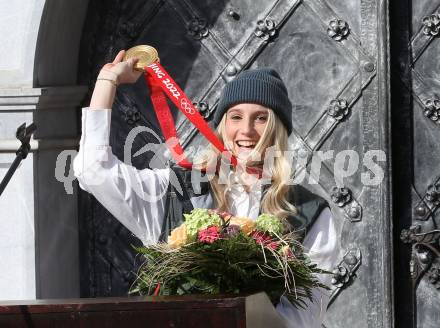 Snowboard. Slopestyle.  Big Air. Empfang Olympiasiegerin Anna Gasser.   . Millstatt, am 20.2.2022.
Foto: Kuess
www.qspictures.net
---
pressefotos, pressefotografie, kuess, qs, qspictures, sport, bild, bilder, bilddatenbank