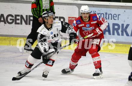 EBEL. Eishockey Bundesliga. KAC gegen	Tesla Orli Znojmo. Vallant Thomas (KAC), Neumann Brett Michael  (Znojmo). Klagenfurt, am 18.2.2022.
Foto: Kuess
www.qspictures.net

---
pressefotos, pressefotografie, kuess, qs, qspictures, sport, bild, bilder, bilddatenbank