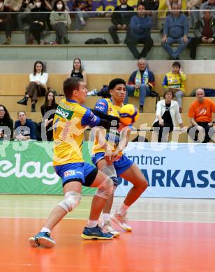 Volleyball MEVZA League 2022 - Final Four. ACH Volley Ljubljana gegen SK Zadruga Aich/Dob.  Marek Gergely, Andre Luiz Ludegards Gomes Gama (Aich/Dob). Bleiburg, am 19.2.2022.
Foto: Kuess
www.qspictures.net
---
pressefotos, pressefotografie, kuess, qs, qspictures, sport, bild, bilder, bilddatenbank