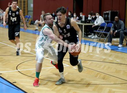 Basketball 2. Liga 2021/2022. Grunddurchgang 15. Runde.  KOS Celovec gegen  Woerthersee Piraten. Tim Huber  (KOS),  Felix Leindecker (Piraten). Klagenfurt, am 25.2.2022.
Foto: Kuess
www.qspictures.net
---
pressefotos, pressefotografie, kuess, qs, qspictures, sport, bild, bilder, bilddatenbank