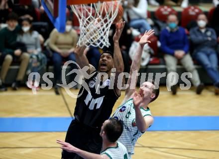 Basketball 2. Liga 2021/2022. Grunddurchgang 15. Runde.  KOS Celovec gegen  Woerthersee Piraten.  Andi Smrtnik (KOS), Shawn Ray  (Piraten). Klagenfurt, am 25.2.2022.
Foto: Kuess
www.qspictures.net
---
pressefotos, pressefotografie, kuess, qs, qspictures, sport, bild, bilder, bilddatenbank