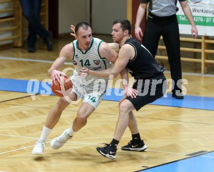 Basketball 2. Liga 2021/2022. Grunddurchgang 15. Runde.  KOS Celovec gegen  Woerthersee Piraten.  Marko Gutalj (KOS), Jan-Arne Apschner  (Piraten). Klagenfurt, am 25.2.2022.
Foto: Kuess
www.qspictures.net
---
pressefotos, pressefotografie, kuess, qs, qspictures, sport, bild, bilder, bilddatenbank