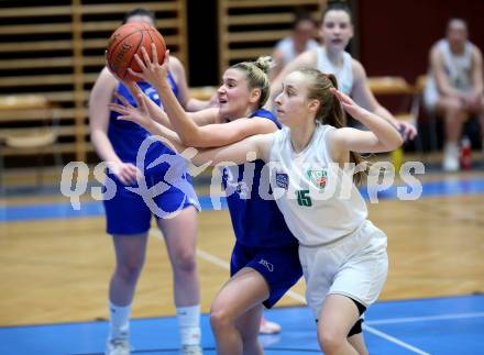 Basketball Damen Superliga 2021/2022. Grunddurchgang 13. Runde.  KOS Celovec Damen gegen  Vienna D.C. Timberwolves.  Johanna Thamer (KOS),  Sophie Baydanov (Timberwolves). Klagenfurt, am 26.2.2022.
Foto: Kuess
www.qspictures.net
---
pressefotos, pressefotografie, kuess, qs, qspictures, sport, bild, bilder, bilddatenbank