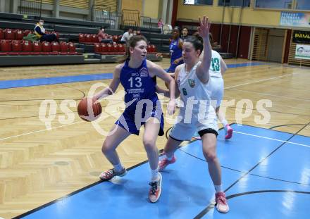 Basketball Damen Superliga 2021/2022. Grunddurchgang 13. Runde.  KOS Celovec Damen gegen  Vienna D.C. Timberwolves.  Alina Seher (KOS),   Melanie Fischer  (Timberwolves). Klagenfurt, am 26.2.2022.
Foto: Kuess
www.qspictures.net
---
pressefotos, pressefotografie, kuess, qs, qspictures, sport, bild, bilder, bilddatenbank