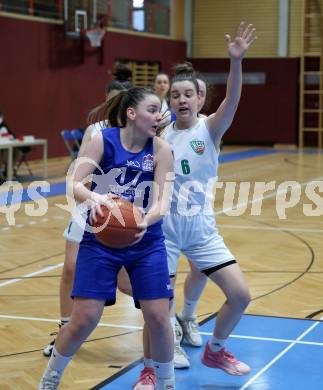 Basketball Damen Superliga 2021/2022. Grunddurchgang 13. Runde.  KOS Celovec Damen gegen  Vienna D.C. Timberwolves. Alina Seher  (KOS),   Antonia Dumancic (Timberwolves). Klagenfurt, am 26.2.2022.
Foto: Kuess
www.qspictures.net
---
pressefotos, pressefotografie, kuess, qs, qspictures, sport, bild, bilder, bilddatenbank