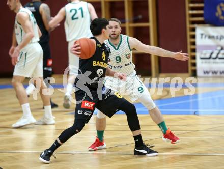 Basketball 2. Liga 2021/2022. Grunddurchgang 17. Runde.  KOS Celovec gegen  Guessing/Jennersdorf Blackbirds.  Tim Huber (KOS), Bernhard Koch   (Blackbirds). Klagenfurt, am 27.2.2022.
Foto: Kuess
www.qspictures.net
---
pressefotos, pressefotografie, kuess, qs, qspictures, sport, bild, bilder, bilddatenbank