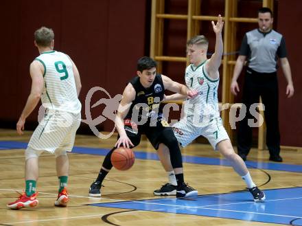 Basketball 2. Liga 2021/2022. Grunddurchgang 17. Runde.  KOS Celovec gegen  Guessing/Jennersdorf Blackbirds. Valentin Pasterk  (KOS),   Bernhard Koch (Blackbirds). Klagenfurt, am 27.2.2022.
Foto: Kuess
www.qspictures.net
---
pressefotos, pressefotografie, kuess, qs, qspictures, sport, bild, bilder, bilddatenbank