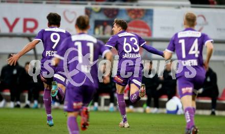 Fussball Bundesliga. SK Austria Klagenfurt gegen SV Guntamatic Ried.  Torjubel Ivan Saravanja, Darijp Pecirep, Christopher CVetko, Rajko Rep(Klagenfurt). Klagenfurt, am 27.2.2022.
Foto: Kuess
www.qspictures.net
---
pressefotos, pressefotografie, kuess, qs, qspictures, sport, bild, bilder, bilddatenbank