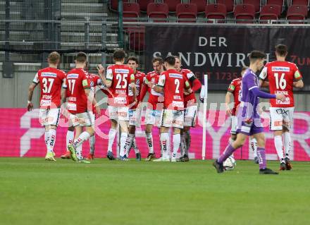 Fussball Bundesliga. SK Austria Klagenfurt gegen SV Guntamatic Ried.  Torjubel  (Ried). Klagenfurt, am 27.2.2022.
Foto: Kuess
www.qspictures.net
---
pressefotos, pressefotografie, kuess, qs, qspictures, sport, bild, bilder, bilddatenbank