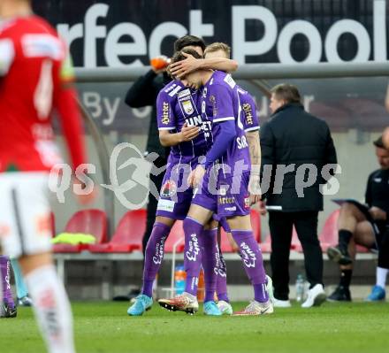 Fussball Bundesliga. SK Austria Klagenfurt gegen SV Guntamatic Ried.  Torjubel Ivan Saravanja, Darijp Pecirep,  (Klagenfurt). Klagenfurt, am 27.2.2022.
Foto: Kuess
www.qspictures.net
---
pressefotos, pressefotografie, kuess, qs, qspictures, sport, bild, bilder, bilddatenbank