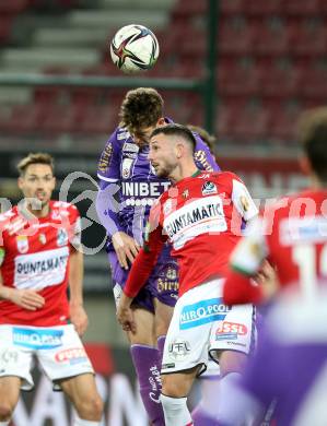 Fussball Bundesliga. SK Austria Klagenfurt gegen SV Guntamatic Ried.  Ivan Saravanja,  (Klagenfurt), Marcel Canadi  (Ried). Klagenfurt, am 27.2.2022.
Foto: Kuess
www.qspictures.net
---
pressefotos, pressefotografie, kuess, qs, qspictures, sport, bild, bilder, bilddatenbank