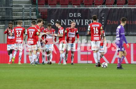 Fussball Bundesliga. SK Austria Klagenfurt gegen SV Guntamatic Ried.  Torjubel  (Ried). Klagenfurt, am 27.2.2022.
Foto: Kuess
www.qspictures.net
---
pressefotos, pressefotografie, kuess, qs, qspictures, sport, bild, bilder, bilddatenbank