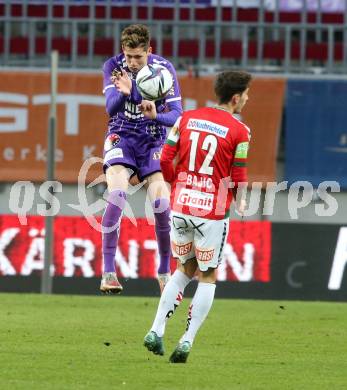 Fussball Bundesliga. SK Austria Klagenfurt gegen SV Guntamatic Ried.  Ivan Saravanja, (Klagenfurt), Ante Bajic   (Ried). Klagenfurt, am 27.2.2022.
Foto: Kuess
www.qspictures.net
---
pressefotos, pressefotografie, kuess, qs, qspictures, sport, bild, bilder, bilddatenbank