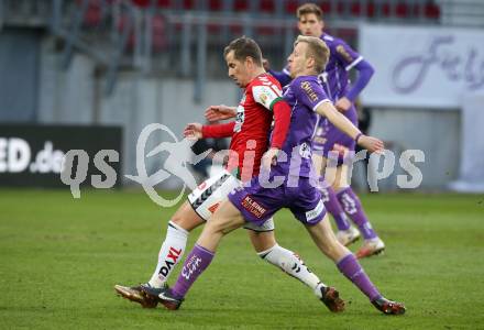 Fussball Bundesliga. SK Austria Klagenfurt gegen SV Guntamatic Ried.  Christopher Cvetko,  (Klagenfurt),  Stefan Nutz (Ried). Klagenfurt, am 27.2.2022.
Foto: Kuess
www.qspictures.net
---
pressefotos, pressefotografie, kuess, qs, qspictures, sport, bild, bilder, bilddatenbank