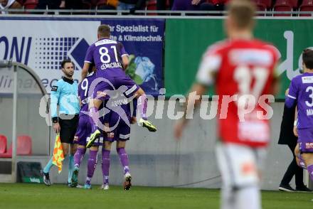 Fussball Bundesliga. SK Austria Klagenfurt gegen SV Guntamatic Ried.  Torjubel Ivan Saravanja, Darijp Pecirep, Turgay Gemicibasi (Klagenfurt). Klagenfurt, am 27.2.2022.
Foto: Kuess
www.qspictures.net
---
pressefotos, pressefotografie, kuess, qs, qspictures, sport, bild, bilder, bilddatenbank