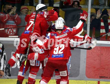 EBEL. Eishockey Bundesliga. KAC gegen	HCB Suedtirol Alperia. Torjubel Rok Ticar, Paul Postma, Clemens Unterweger, Manuel Ganahl (KAC). Klagenfurt, am 2.3.2022.
Foto: Kuess
www.qspictures.net

---
pressefotos, pressefotografie, kuess, qs, qspictures, sport, bild, bilder, bilddatenbank