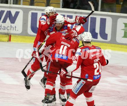 EBEL. Eishockey Bundesliga. KAC gegen	HCB Suedtirol Alperia. Torjubel Thomas Hundertpfund, Lukas Haudum, Manuel Ganahl, Steven Strong (KAC). Klagenfurt, am 2.3.2022.
Foto: Kuess
www.qspictures.net

---
pressefotos, pressefotografie, kuess, qs, qspictures, sport, bild, bilder, bilddatenbank