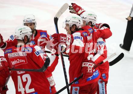 EBEL. Eishockey Bundesliga. KAC gegen	HCB Suedtirol Alperia. Torjubel Nicholas ERic Petersen, Paul Postma, Thomas Koch, Rok Ticar (KAC). Klagenfurt, am 2.3.2022.
Foto: Kuess
www.qspictures.net

---
pressefotos, pressefotografie, kuess, qs, qspictures, sport, bild, bilder, bilddatenbank