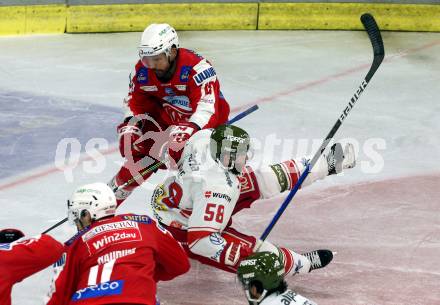 EBEL. Eishockey Bundesliga. KAC gegen	HCB Suedtirol Alperia. Thomas Koch, (KAC), Mathew Maione   (Bozen). Klagenfurt, am 2.3.2022.
Foto: Kuess
www.qspictures.net

---
pressefotos, pressefotografie, kuess, qs, qspictures, sport, bild, bilder, bilddatenbank