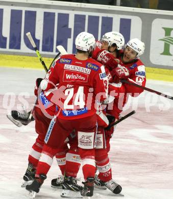 EBEL. Eishockey Bundesliga. KAC gegen	HCB Suedtirol Alperia. Torjubel Thomas Hundertpfund, Lukas Haudum, Manuel Ganahl, Steven Strong (KAC). Klagenfurt, am 2.3.2022.
Foto: Kuess
www.qspictures.net

---
pressefotos, pressefotografie, kuess, qs, qspictures, sport, bild, bilder, bilddatenbank