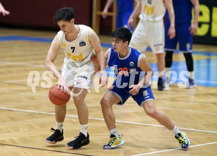 Basketball Zweite Liga 2021/2022. Grunddurchgang 18. Runde.  Woerthersee Piraten gegen 	BBU Salzburg.  Jure Bavdek (Piraten),  Tobias Korn  (Salzburg). Klagenfurt, am 5.3.2022. 
Foto: Kuess
www.qspictures.net

---
pressefotos, pressefotografie, kuess, qs, qspictures, sport, bild, bilder, bilddatenbank